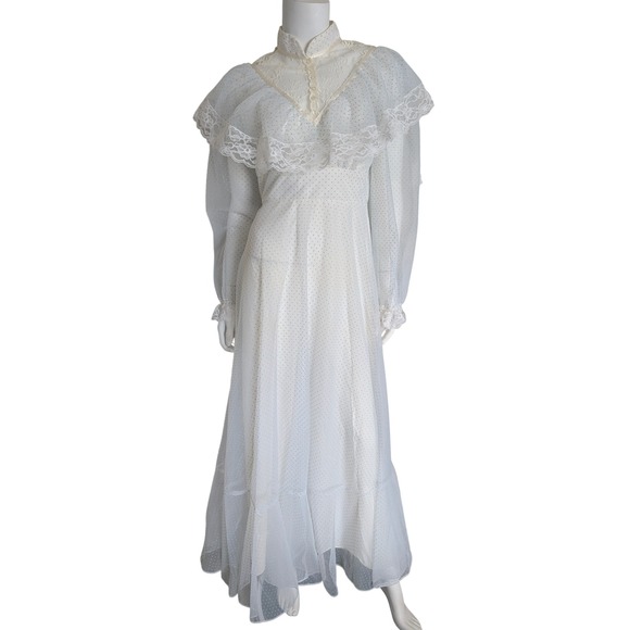 VTG 70s Tiered Prairie Dress Medium Lace Ruffle Long Sleeve Polka Dot Cottage - Picture 2 of 11